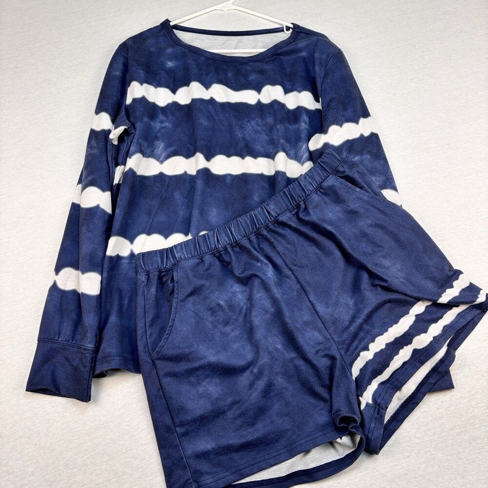 Navy Tie Dye Pajama Set 2XL Long Sleeve Top Shorts Lounge
